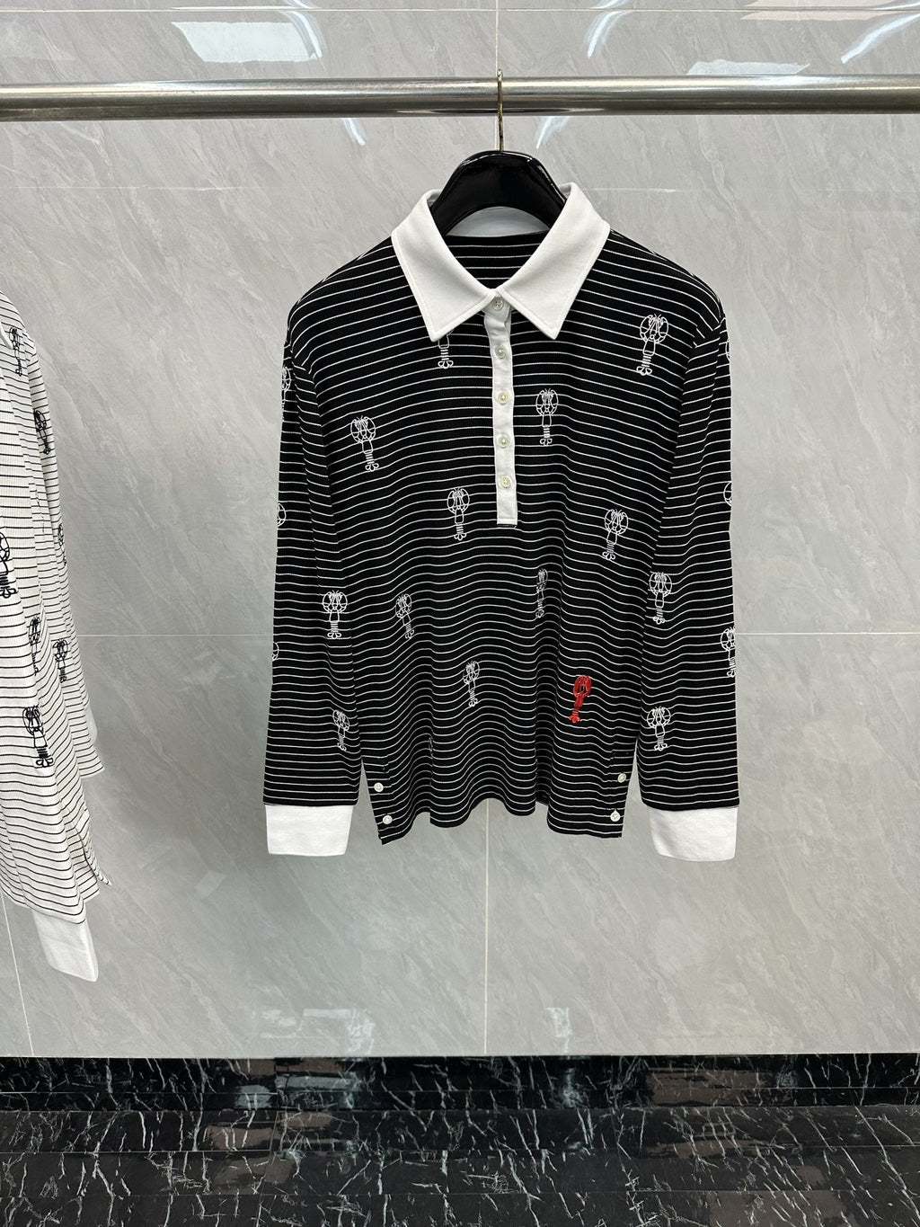 Thom Browne Style Balloon-Embroidered Striped Long-Sleeve Polo