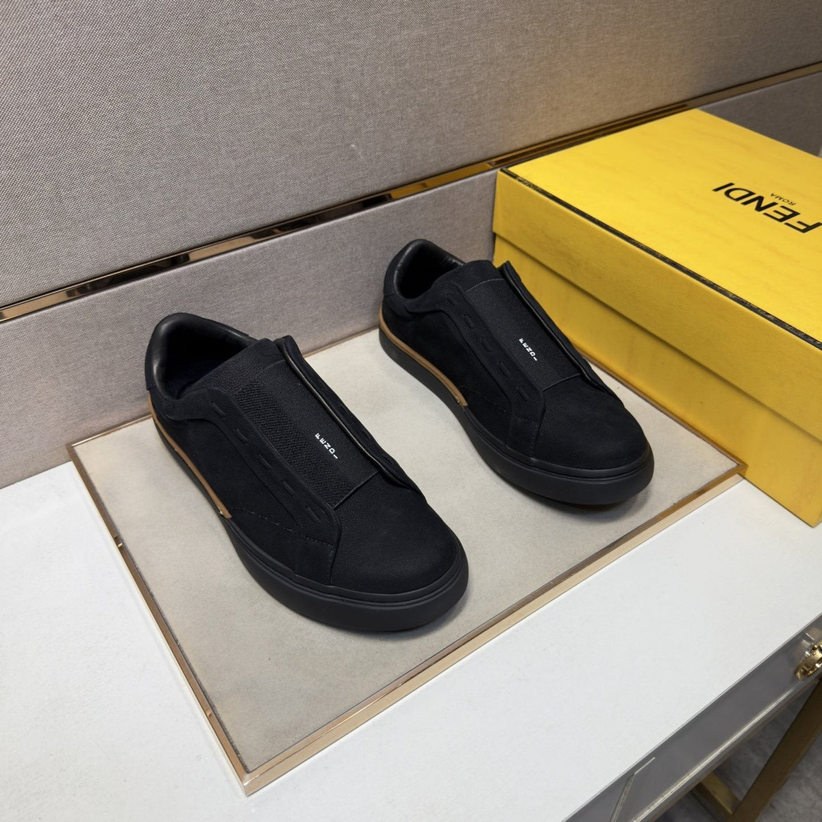 Fendi Brown-Gold Accent Slip-On Sneakers